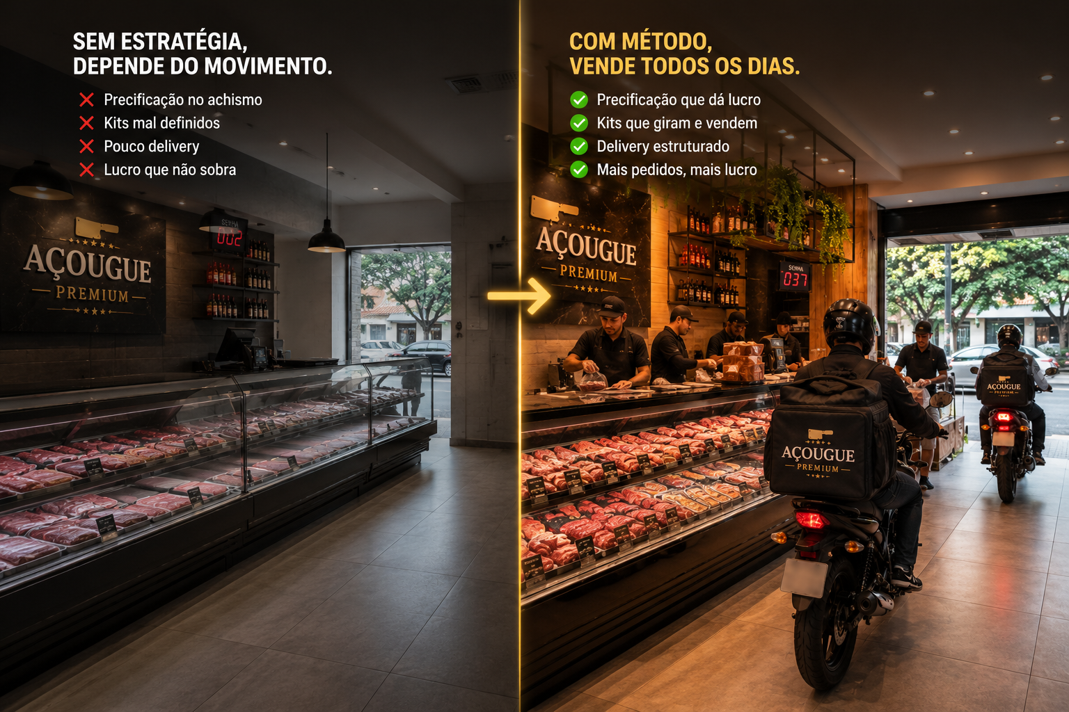 Açougue sem estratégia comparado a açougue com método, com delivery estruturado