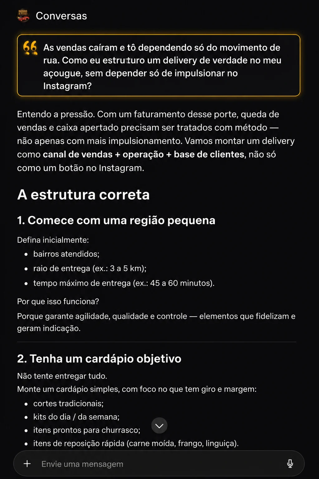 Print do consultor explicando como estruturar o delivery do açougue
