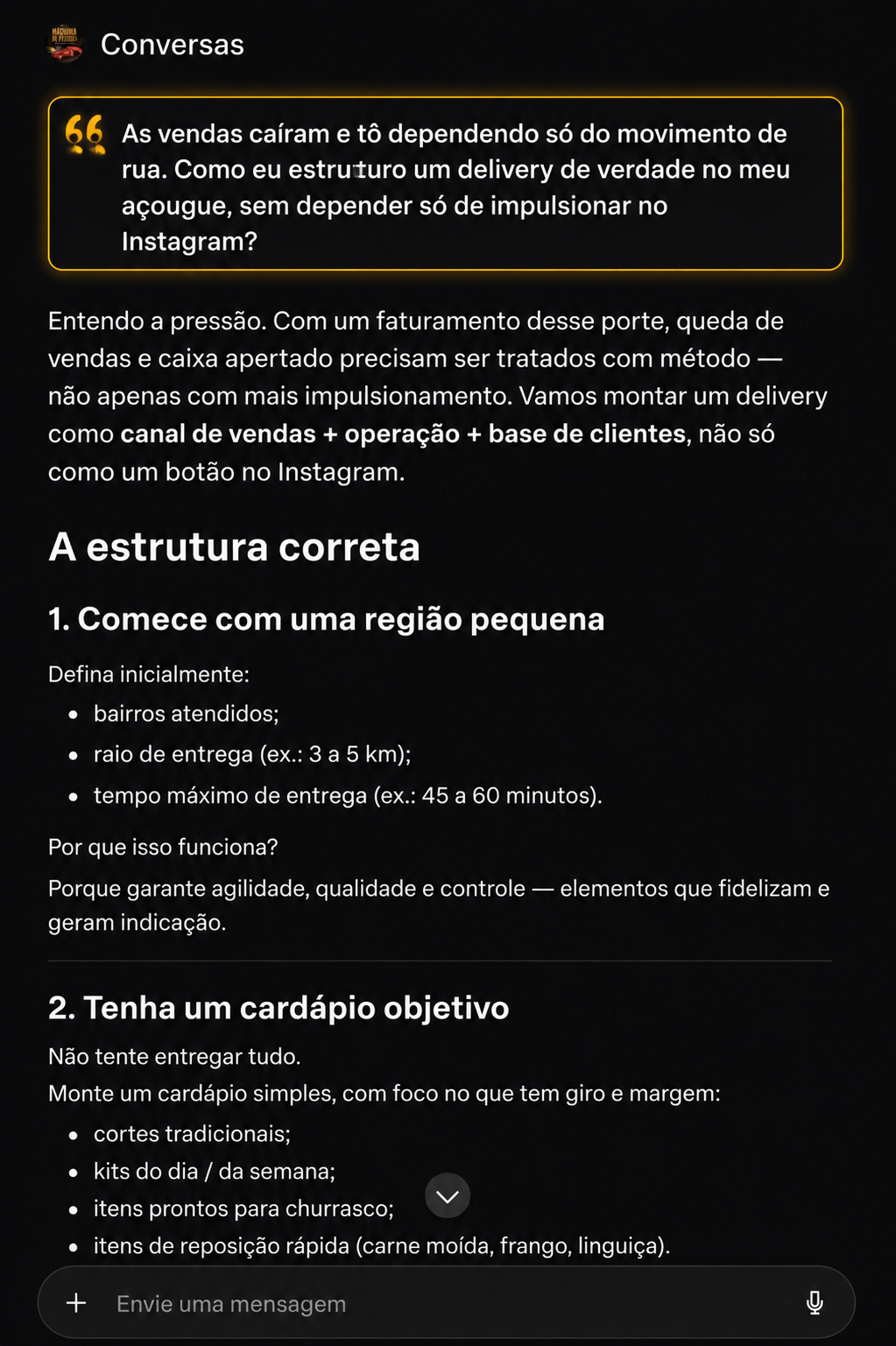 Print do consultor explicando como estruturar o delivery do açougue