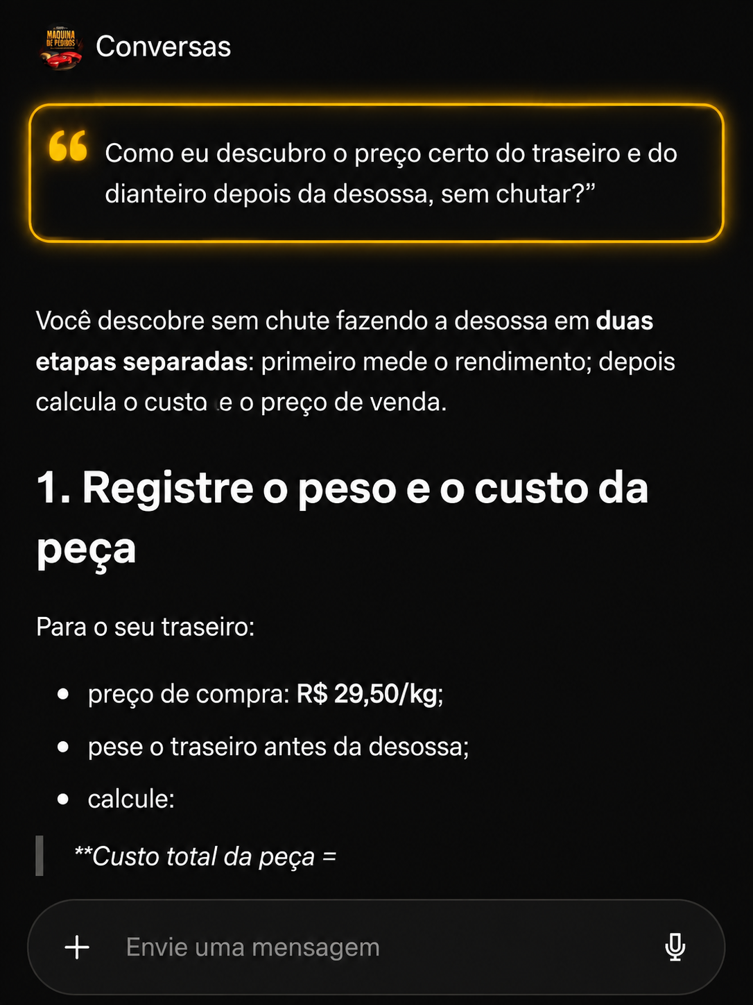 Print do consultor ensinando a precificar cortes depois da desossa