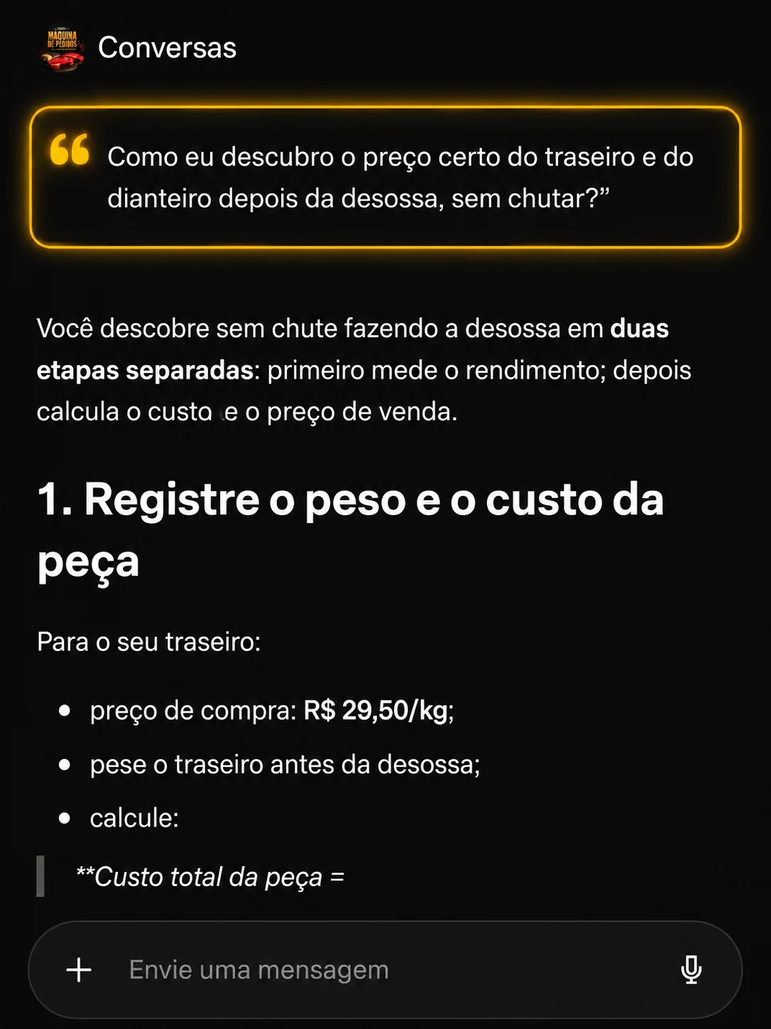 Print do consultor ensinando a precificar cortes depois da desossa