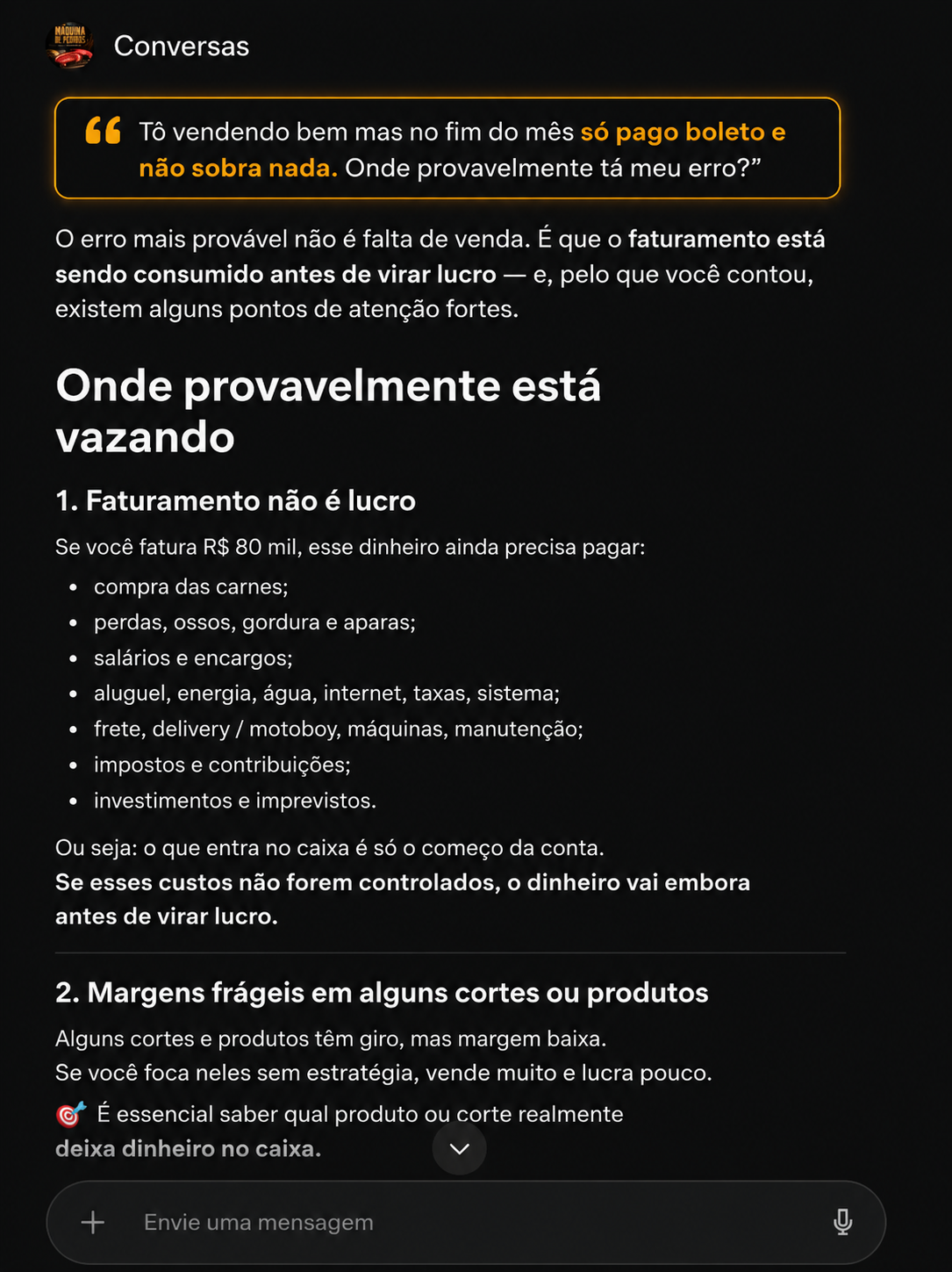 Print do consultor mostrando onde o lucro do açougue está vazando