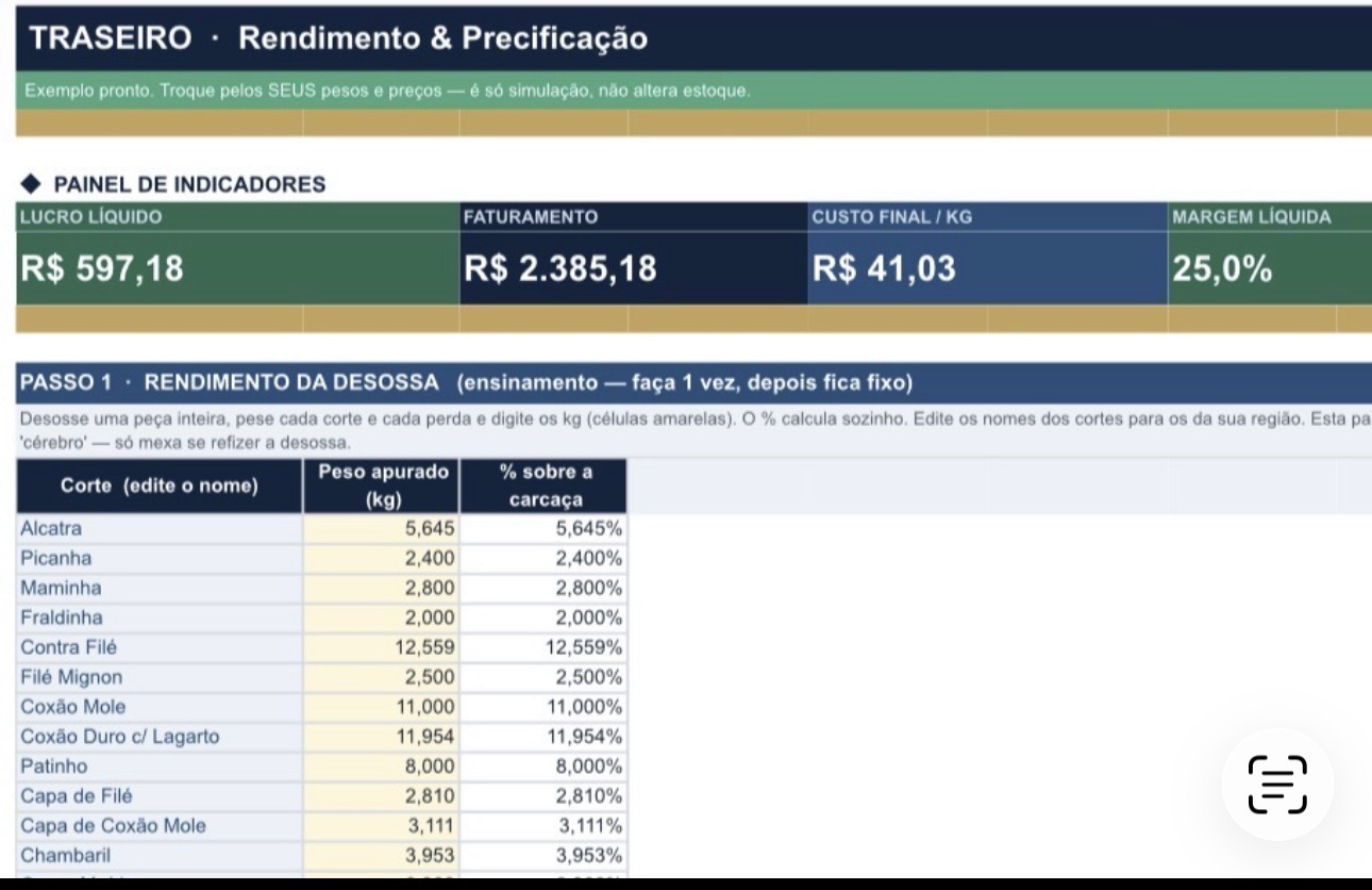 Planilha Lucro na Faca mostrando rendimento e precificação de cortes