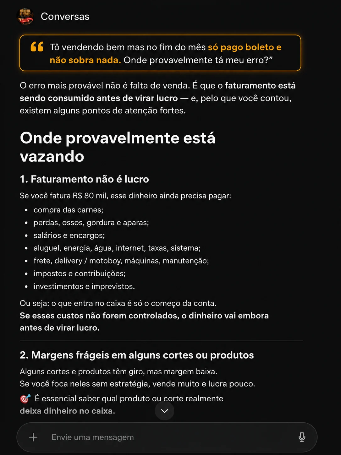 Print do consultor mostrando onde o lucro do açougue está vazando